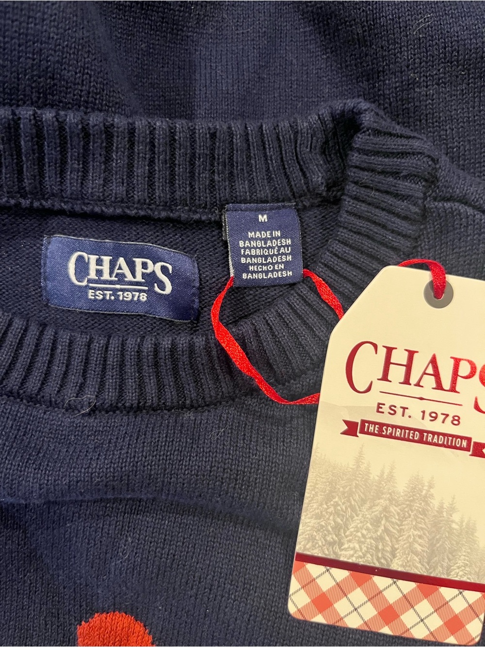 NWT Chaps Navy Sweater with Golden Dog Graphic and Red Hat - Picture 5 of 9